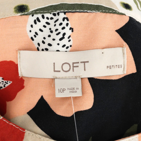 Loft Dress Petites 10P Beige Red Black Floral Cotton Blend Button Up Pockets - Picture 3 of 16